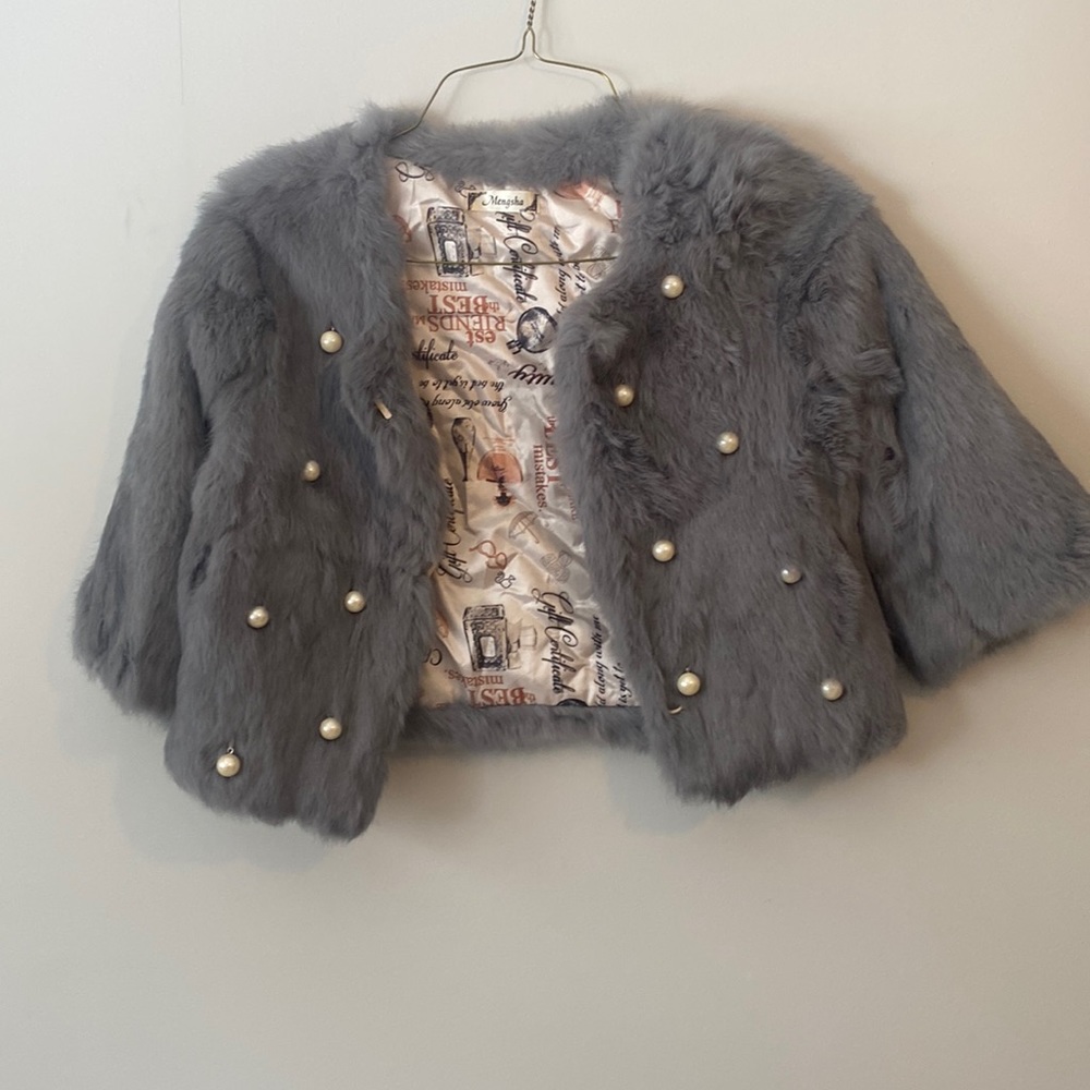 Beautiful Mengsha Grey Rabbit Fur Cropped Coat with Pearl Detail